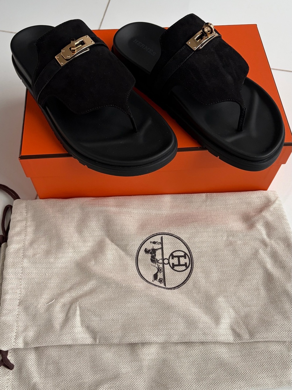 Hermes Black Suede Thong Sandals with Gold Hardware